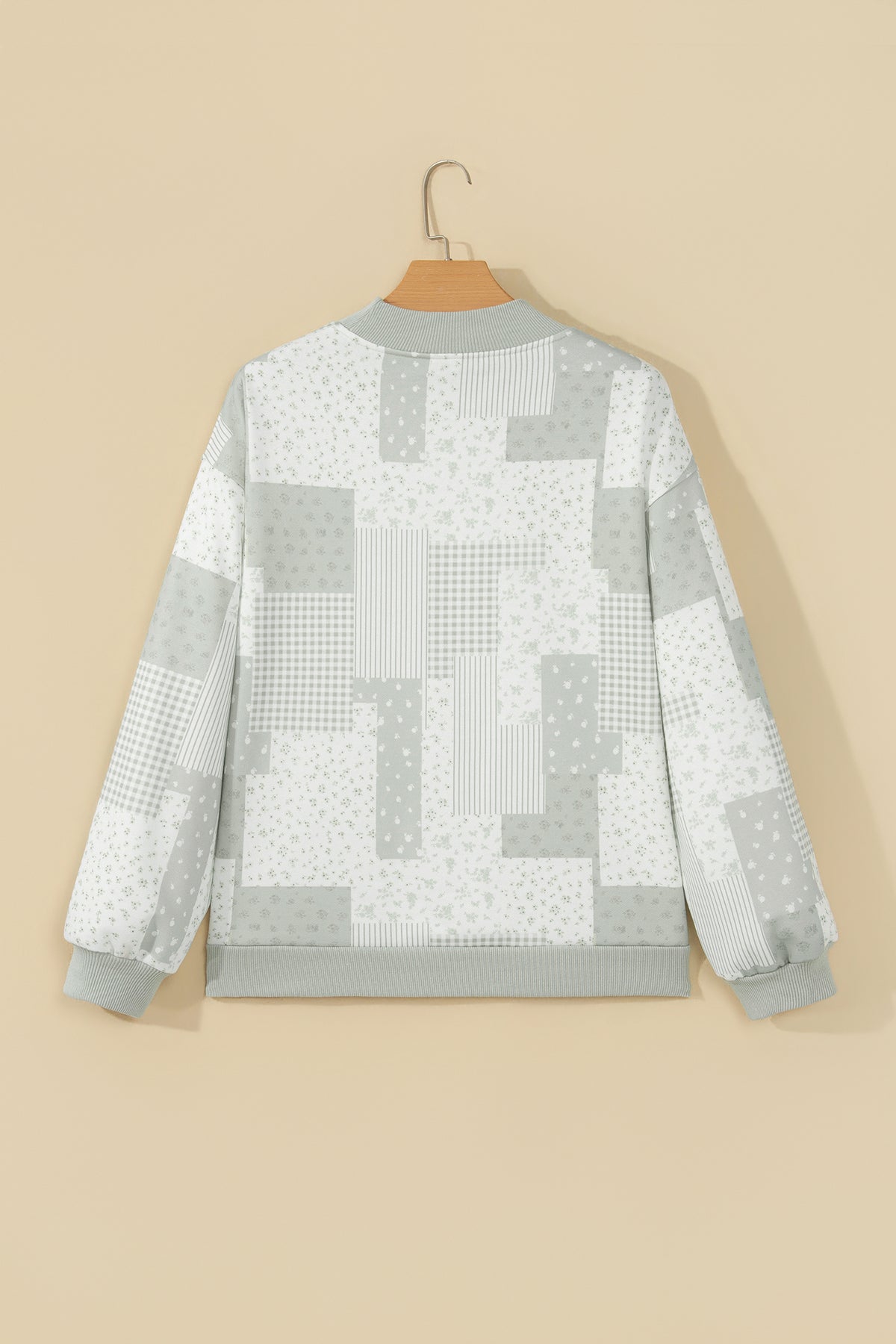 Khaki Patchwork Floral Print Mock Neck Long Sleeve Sweatshirt