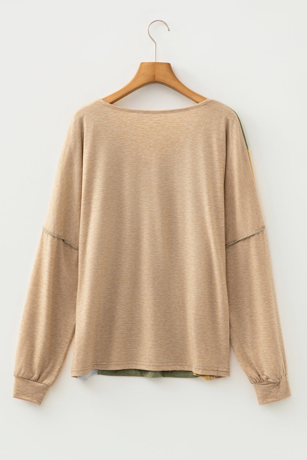 Four Leaf Clover Exposed Stitching Colorblock V Neck Long Sleeve Top