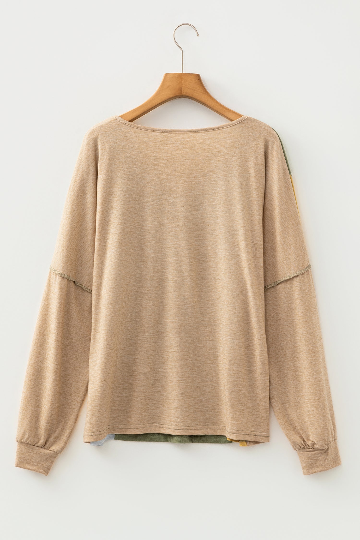 Four Leaf Clover Exposed Stitching Colorblock V Neck Long Sleeve Top