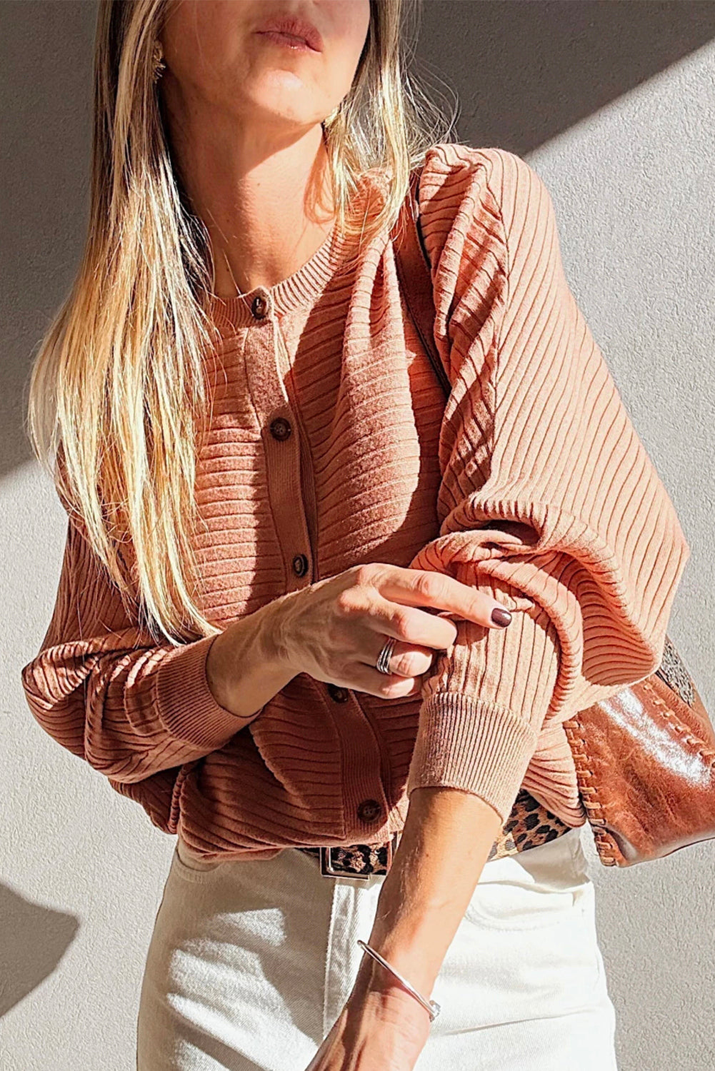 Apricot Pink Wide Rib Knit Button Front Dolman Sleeve Sweater Cardigan