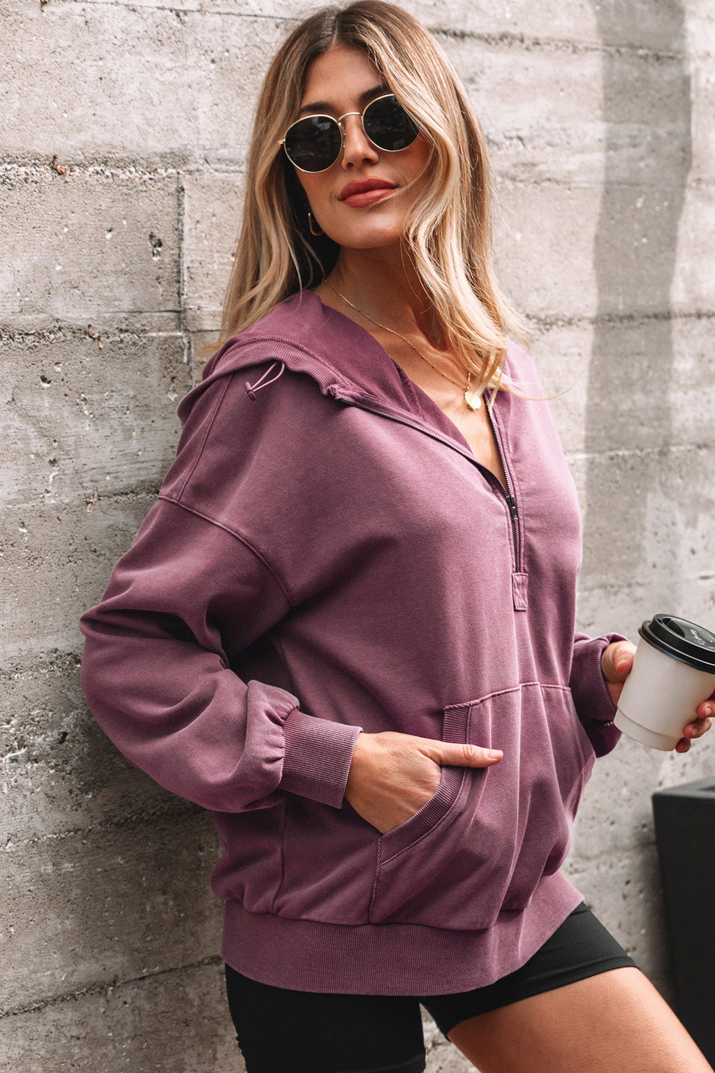 Wild Ginger Half Zip Kangaroo Pocket Mineral Wash Baggy Hoodie