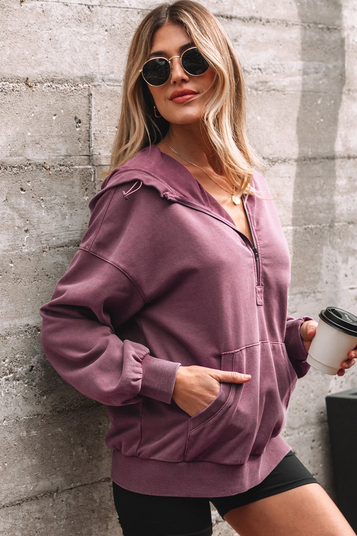 Wild Ginger Half Zip Kangaroo Pocket Mineral Wash Baggy Hoodie