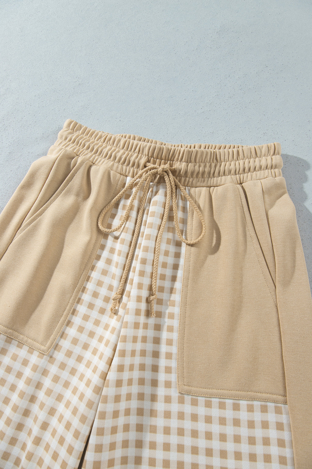 Brown Color Block Plaid Patchwork Long Sleeve Pullover Wide Leg Pant Set