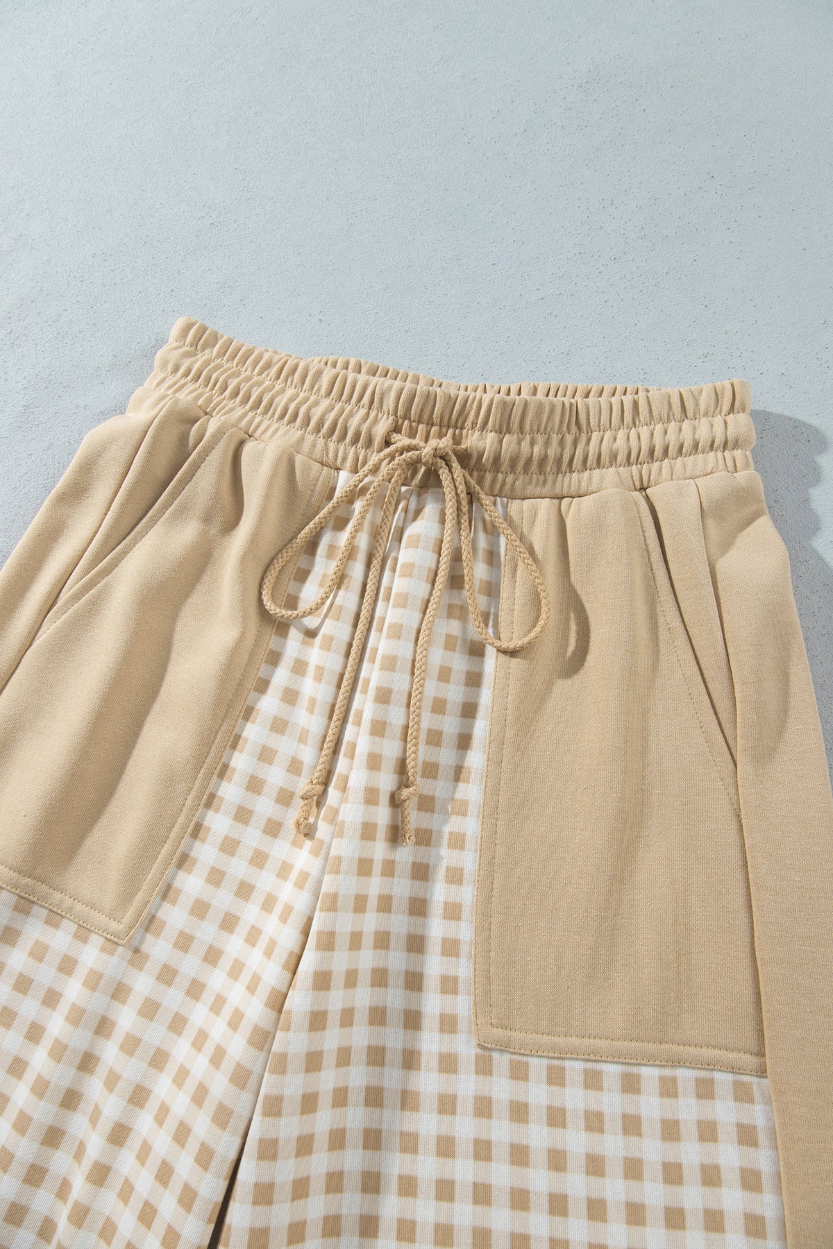 Brown Color Block Plaid Patchwork Long Sleeve Pullover Wide Leg Pant Set