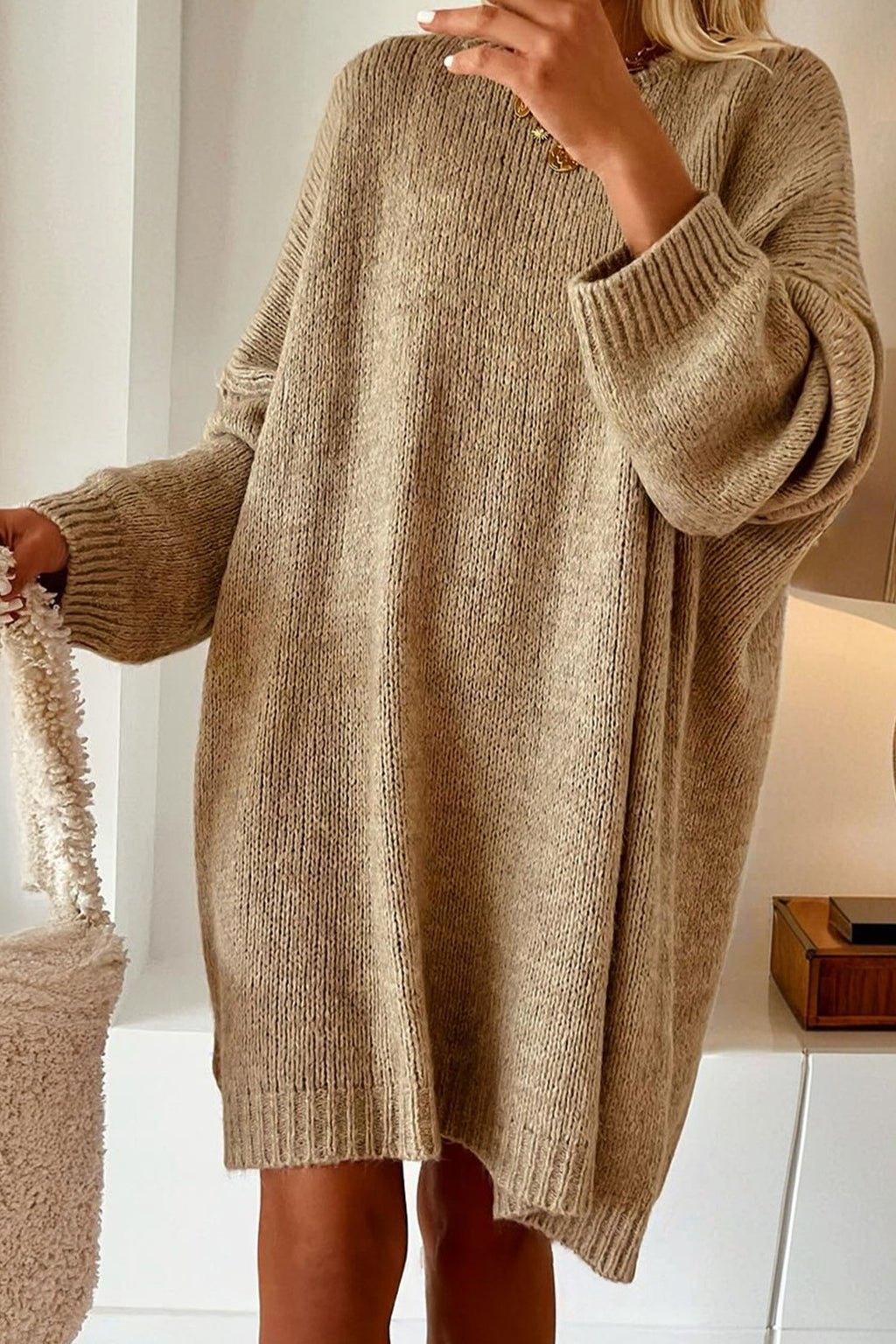 Pale Khaki Exposed Seam Drop Shoulder Oversize Sweater Mini Dress
