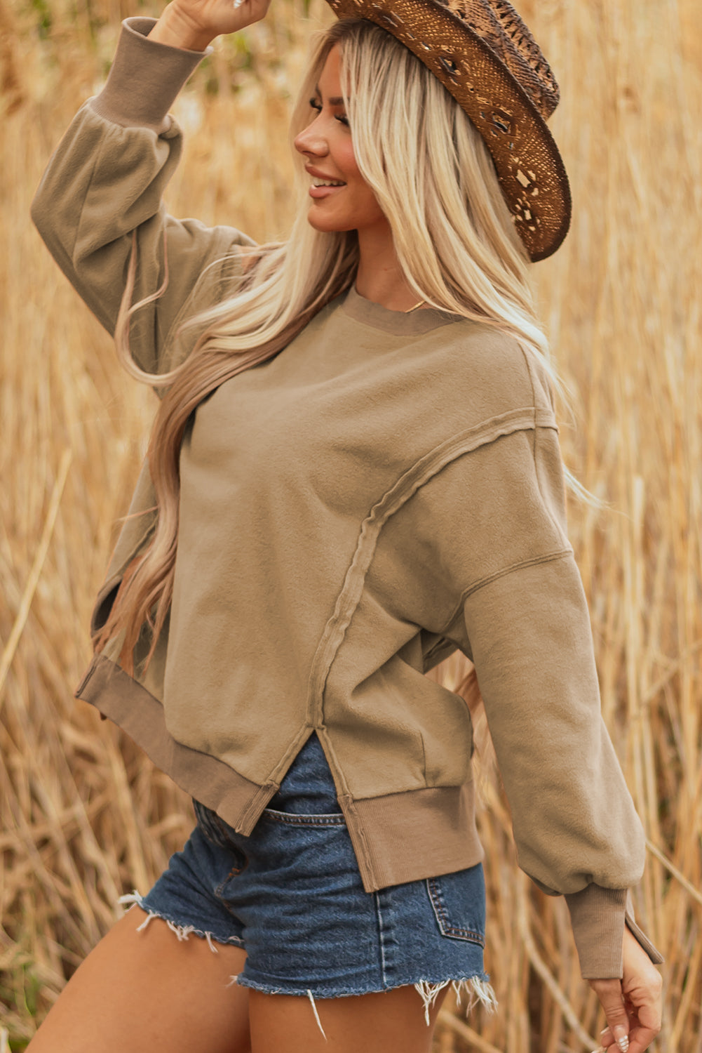 Dark Khaki Fuzzy Sherpa Splicing Pullover Sweatshirt with Side Slit