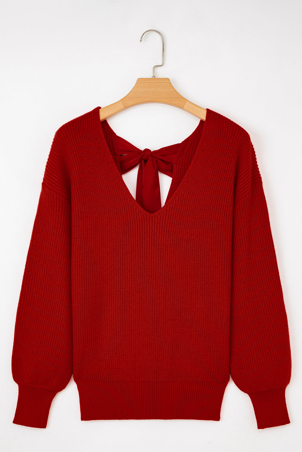 Black Lantern Sleeve V Neck Knot Back Sweater