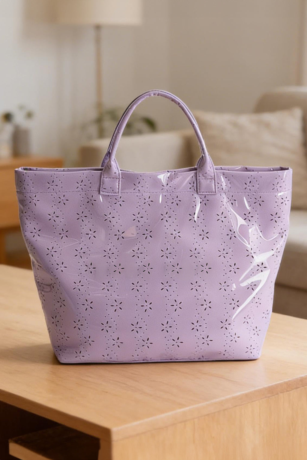 Dusk Blue Eyelet Flower Pattern PVC Glossy Waterproof Tote Bag