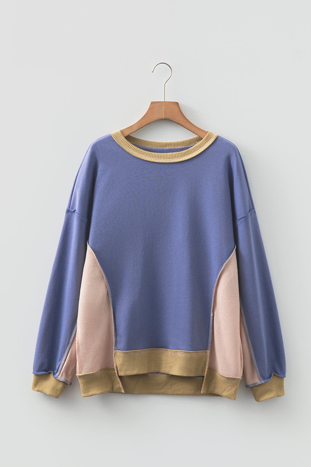 Smoke Green Color Block Mix Texture Waffle Patchwork Oversize Sweatshirt