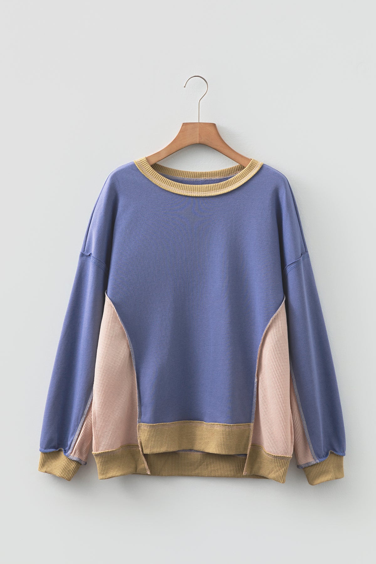 Smoke Green Color Block Mix Texture Waffle Patchwork Oversize Sweatshirt