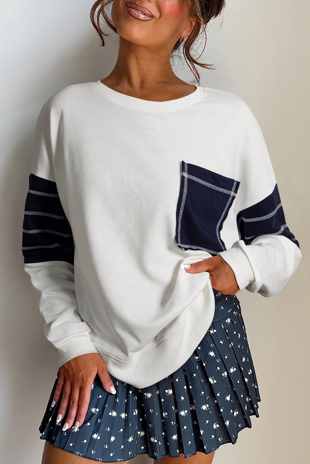 White Exposed Seam Detail Color Block Patch Pocket Drop Shoulder Sweatshirt