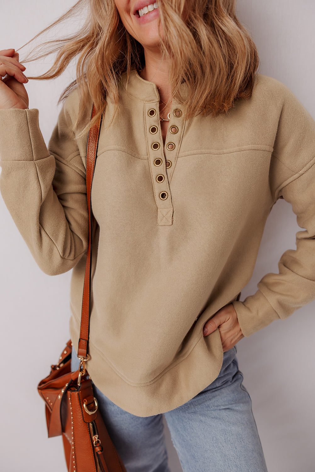 Light French Beige Grommet Detail V Neck Sweatshirt