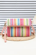 Pink Striped Straw Woven Zip Folded Magnetic Button Shoulder Bag
