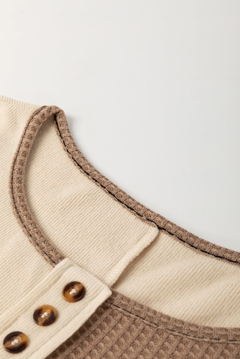 Beige Color Block Waffle Knit Stitch Detail Long Sleeve Top
