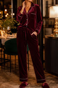Burgundy Velvet Long Sleeve Top and Pants Two Piece Casual Lounge Set