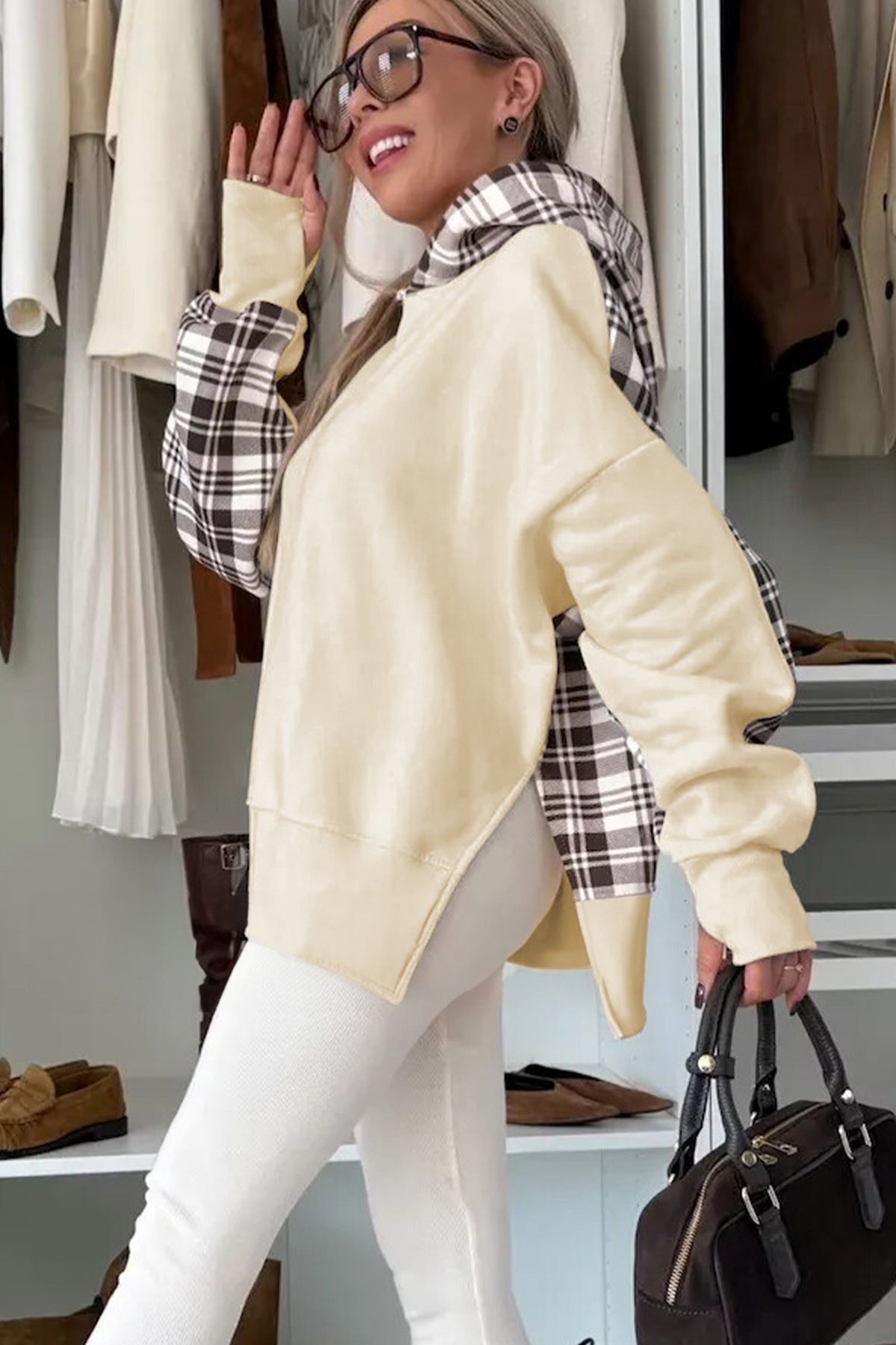 Beige Plaid Patchwork Side Slit Sweatshirt