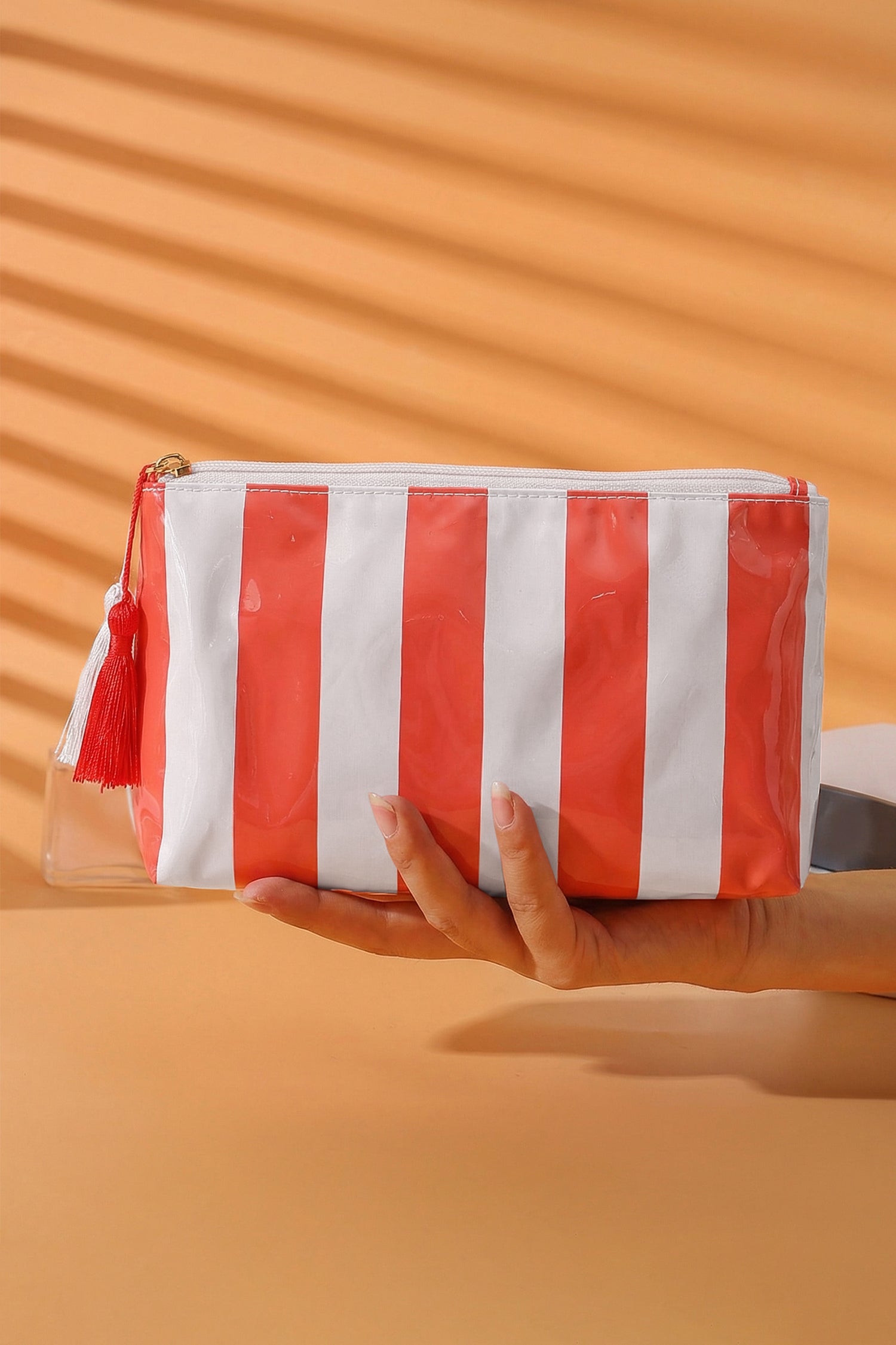 Navy Blue Striped Vinyl Waterproof Tassel Zipper Makeup Bag