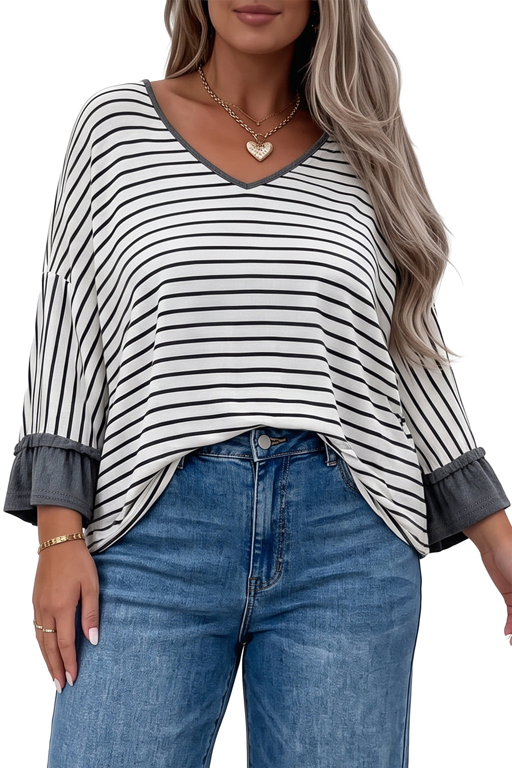 Gray Stripe Ruffled Bracelet Sleeve V Neck Plus Size Top