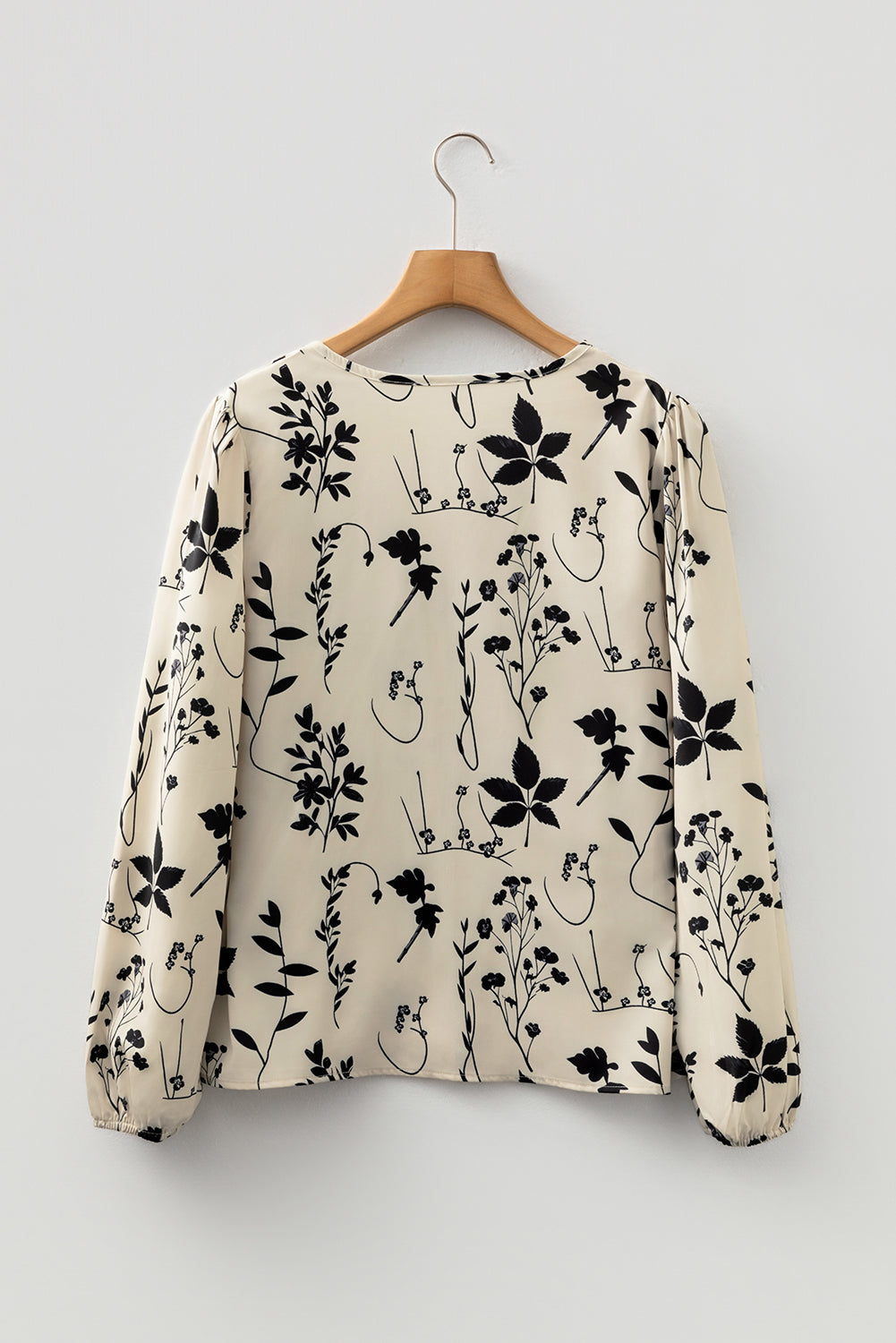 Khaki Botanical Floral Print Split Neck Long Sleeve Blouse