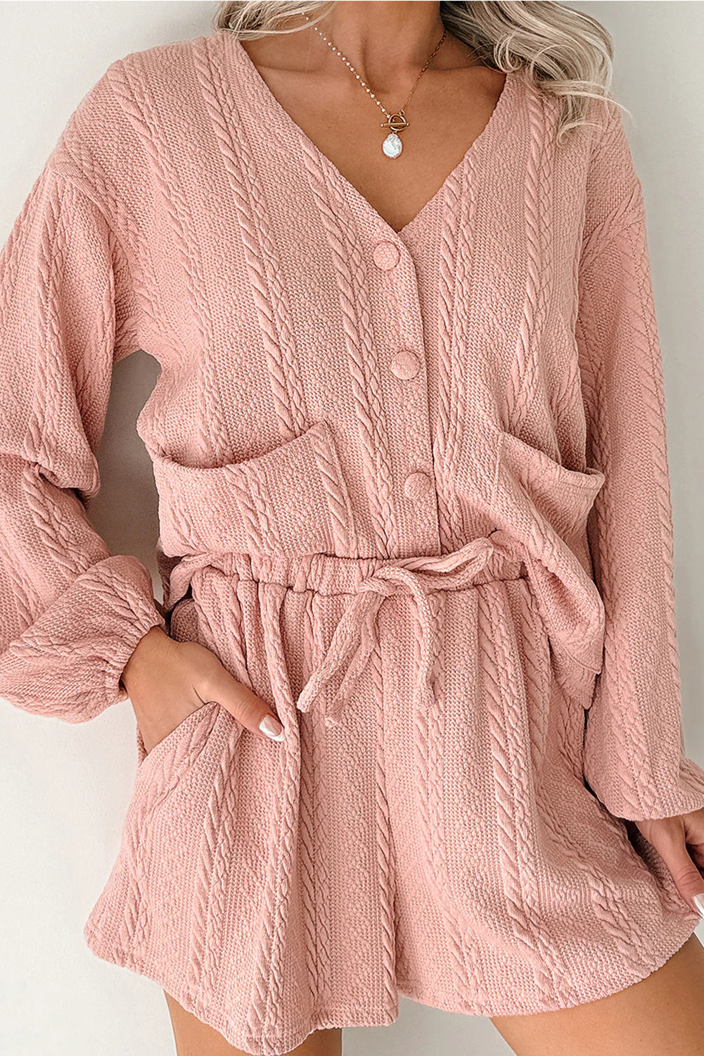 Gossamer Pink Cable Knit V Neck Cardigan Shorts Set
