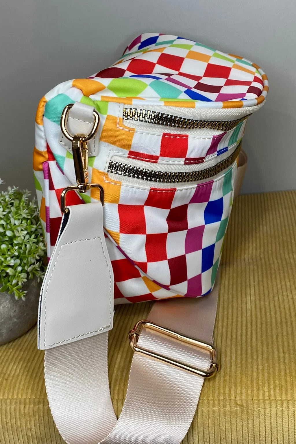 Fiery Red Pretty Checkerboard/ Strawberry Printed Canvas Double Zip Crossbody Bag