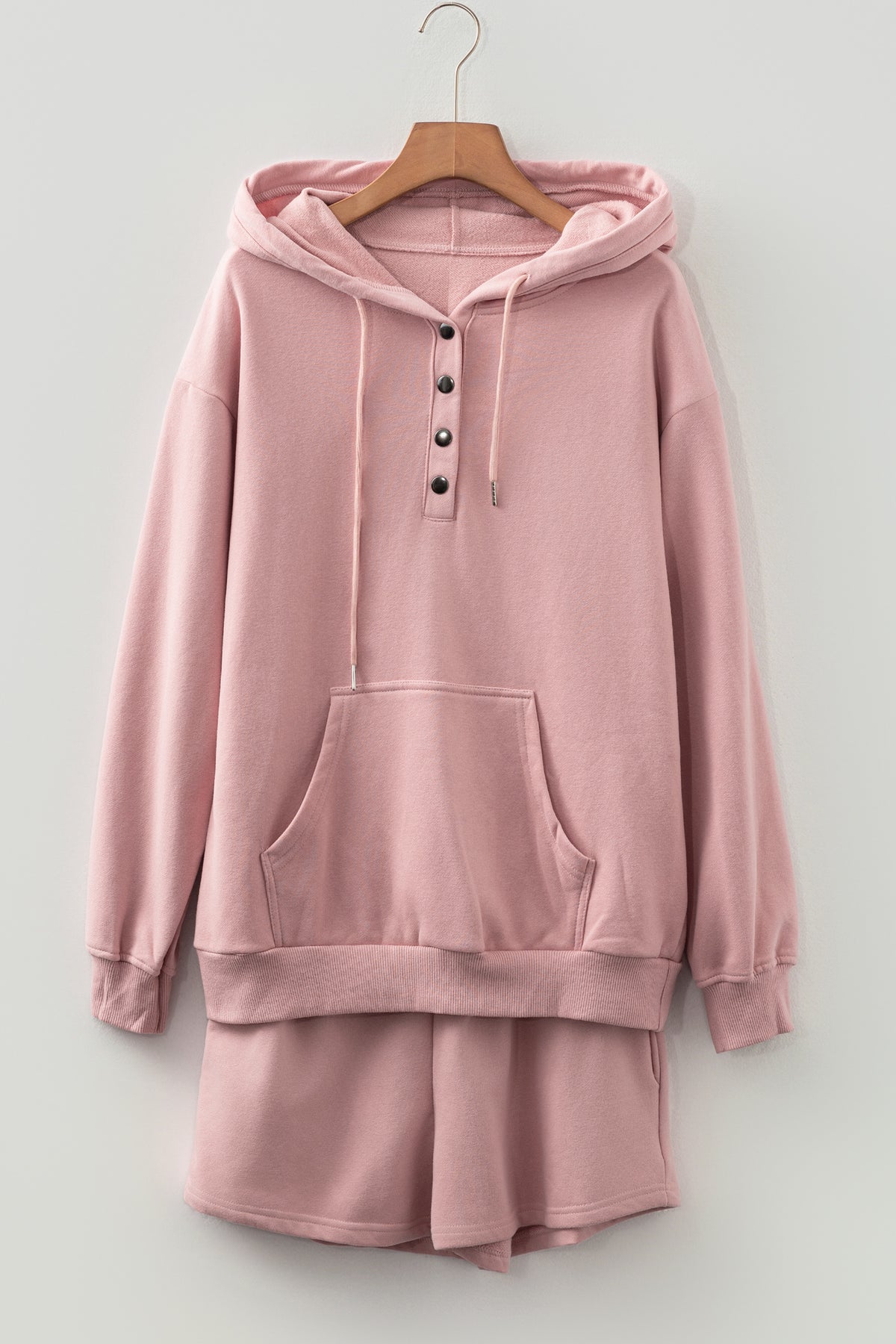 Valerian Button Drawstring Hooded Pullover and Casual Short Set