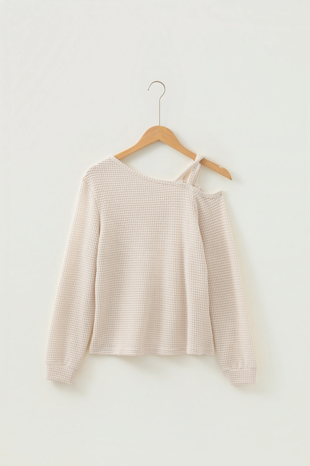 Jet Stream Solid Color Textured Knit Asymmetric Shoulder Long Sleeve Top