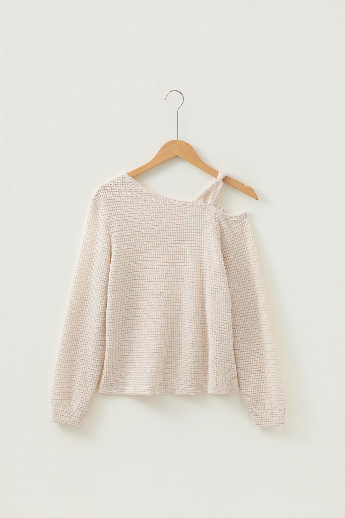 Jet Stream Solid Color Textured Knit Asymmetric Shoulder Long Sleeve Top