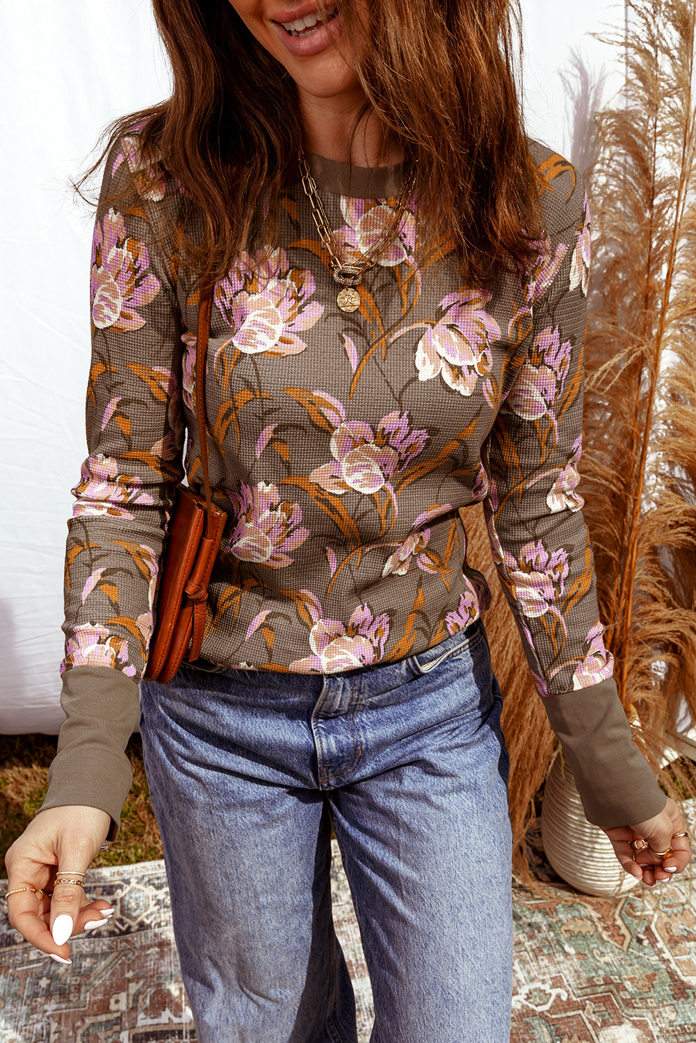 Brown Floral Print Waffle Textured Long Sleeve Top