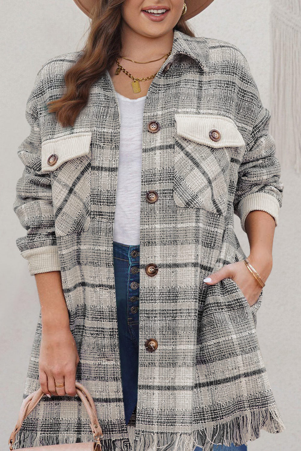 Gray Plus Size Macrame Plaid Coat