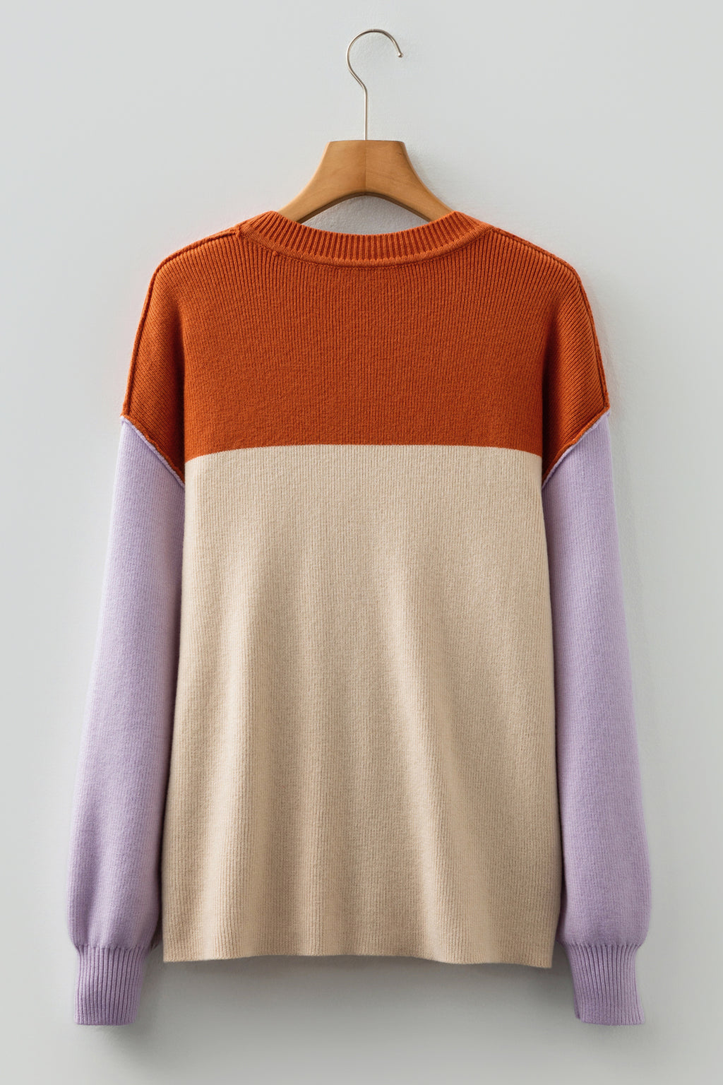 Green Color Block Plain Ribbed Knit Baggy Sweater