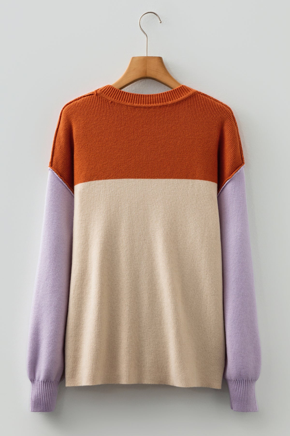 Green Color Block Plain Ribbed Knit Baggy Sweater