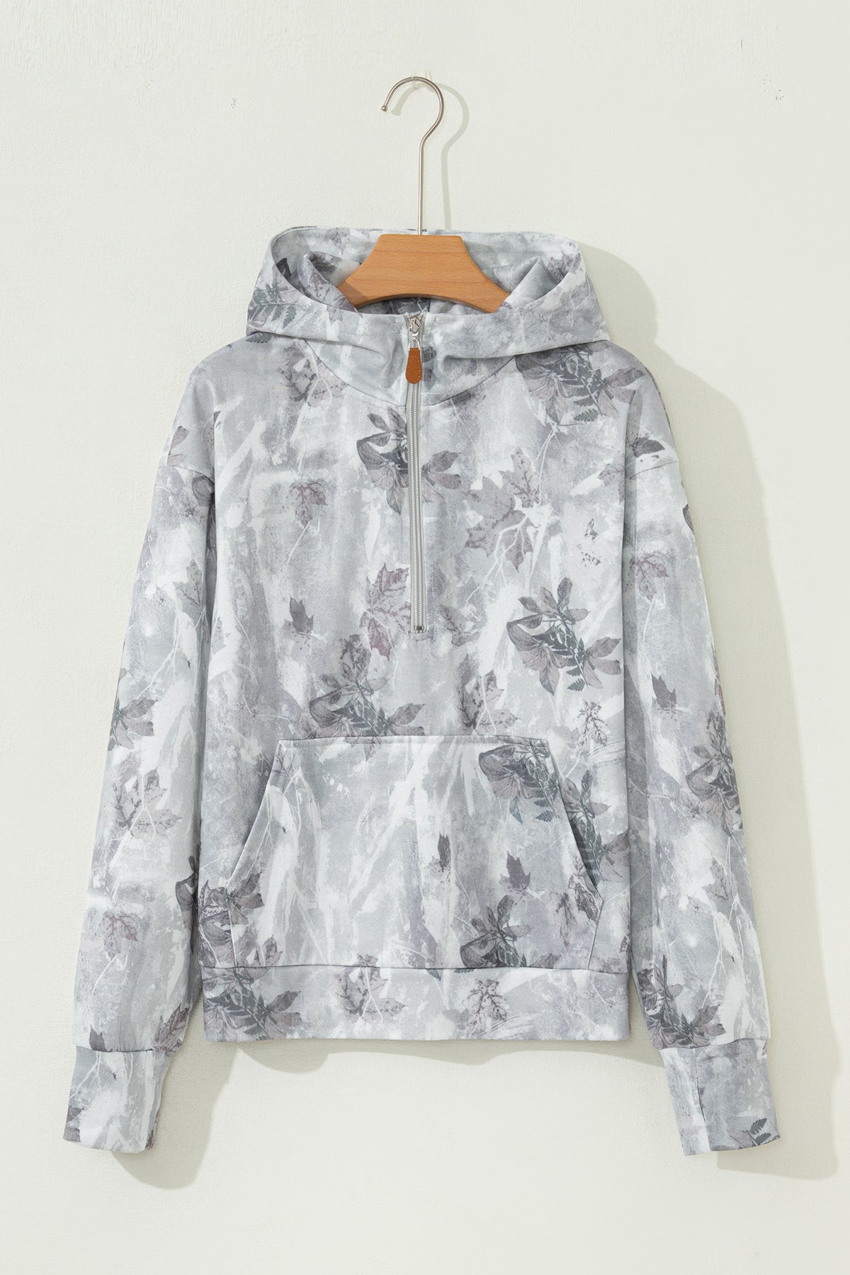 Gray Camo Leaf Print Kangaroo Pocket Quarter Zip Hoodie