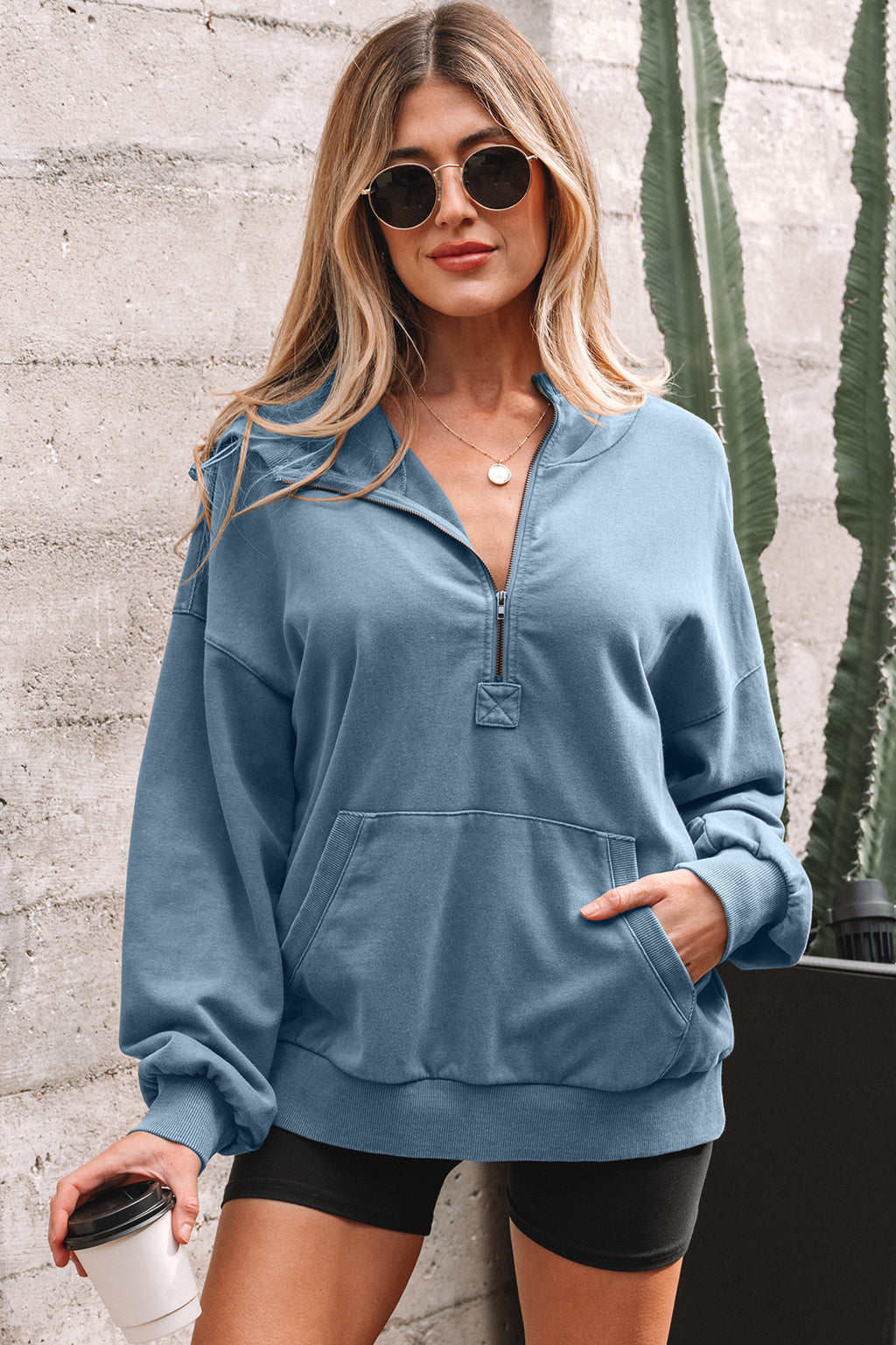 Wild Ginger Half Zip Kangaroo Pocket Mineral Wash Baggy Hoodie