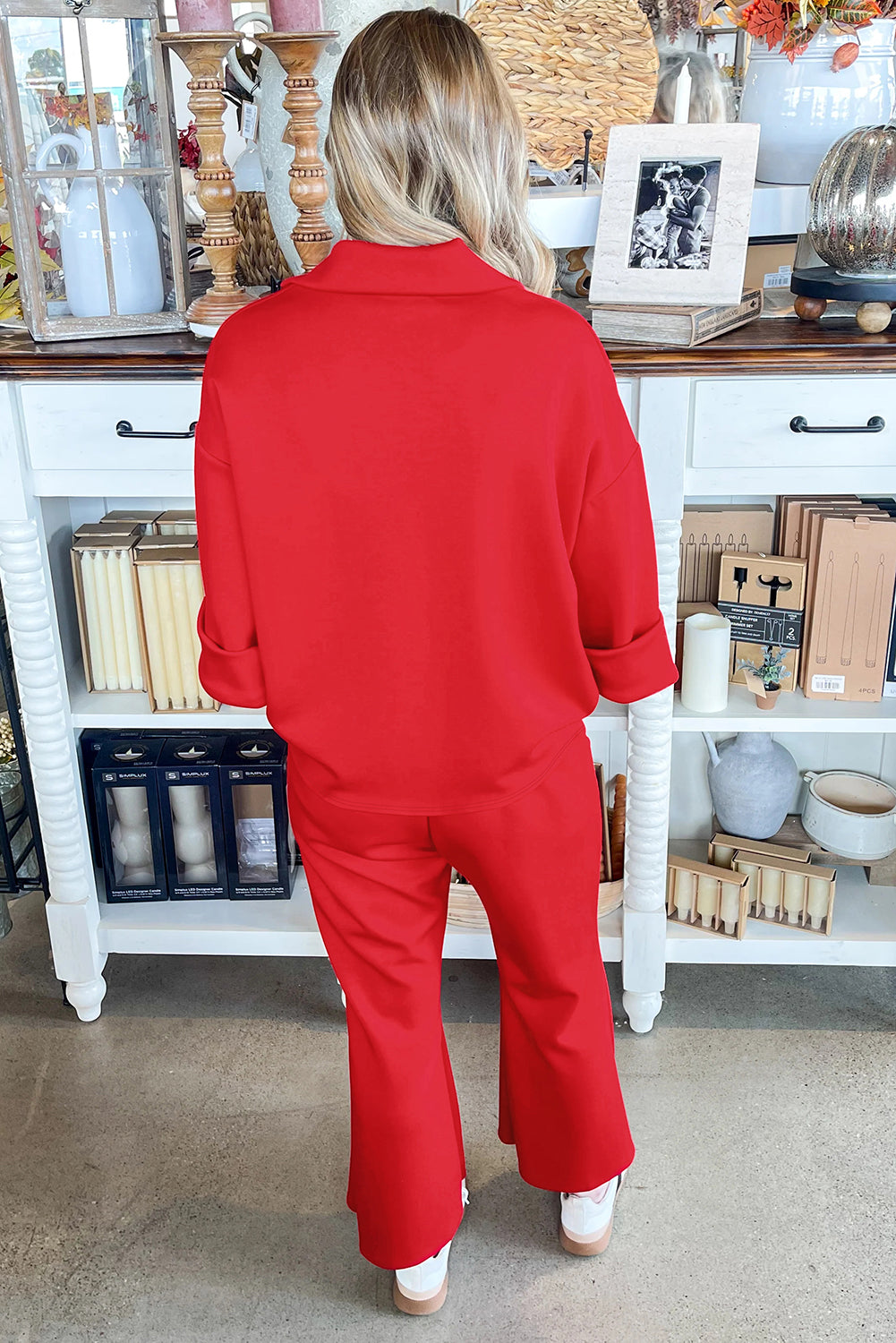 Fiery Red Polo Collar V Neck 3/4 Sleeve Pullover Drawstring Bell Bottom Pants 2pcs Set