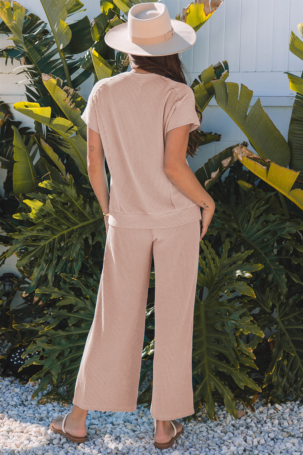 Smoke Gray Solid Corded Knit Short Sleeve T Shirt and Wide Leg Pants Set