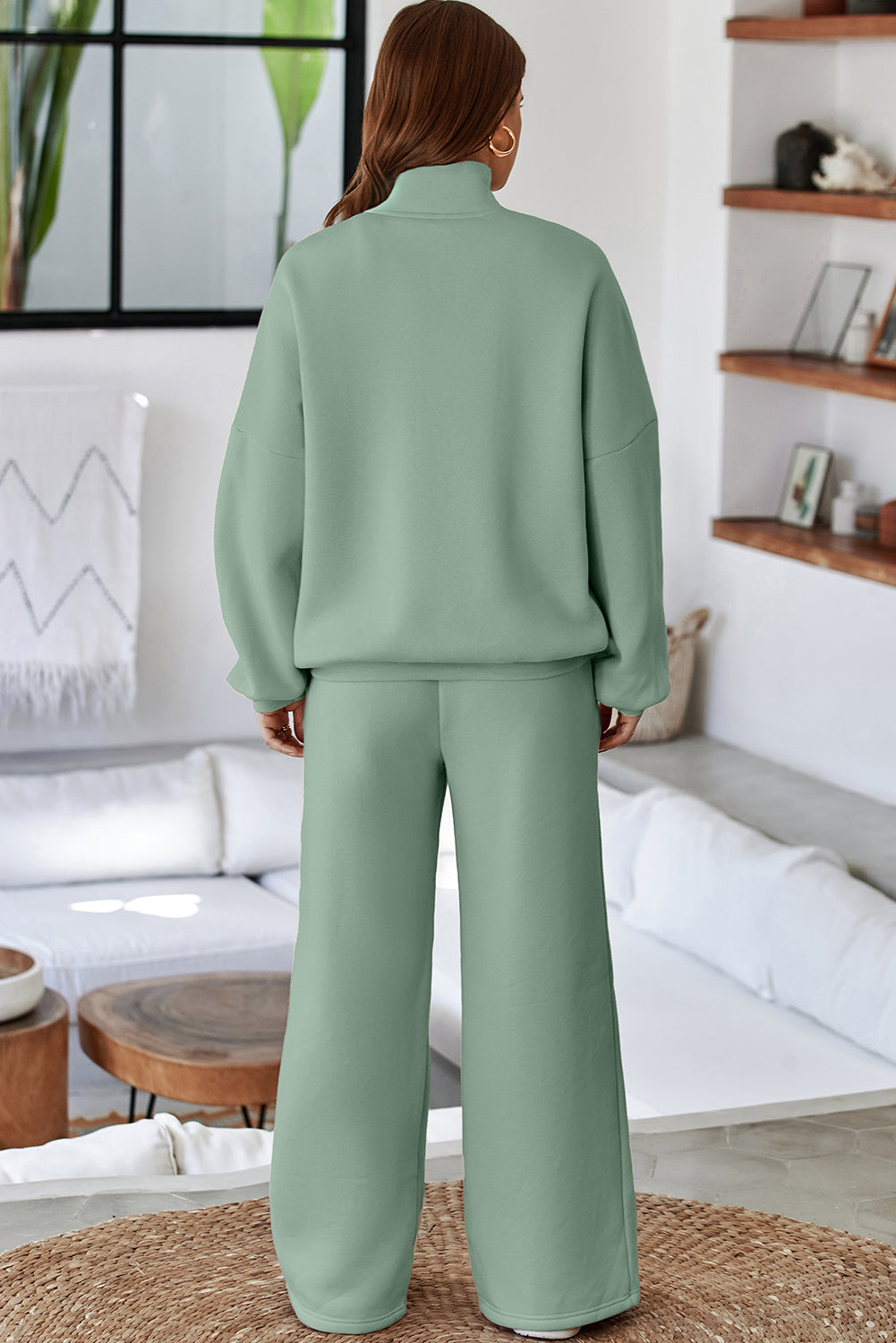 Burgundy Drop Shoulder Zip Up Jacket Drawstring Pants Active 2pcs Set