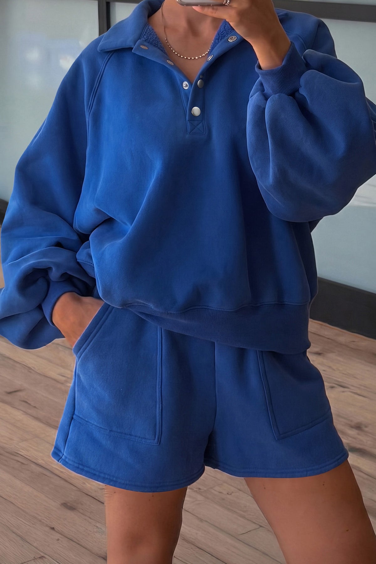 Dark Blue Half Button Puff Sleeve Relaxed Pullover and Shorts 2pcs Outfit