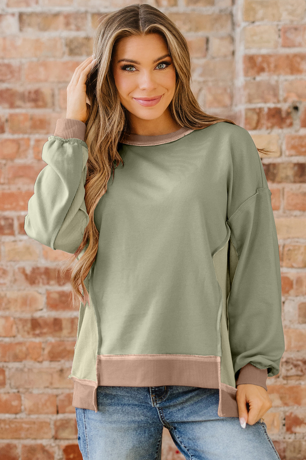 Smoke Green Color Block Mix Texture Waffle Patchwork Oversize Sweatshirt