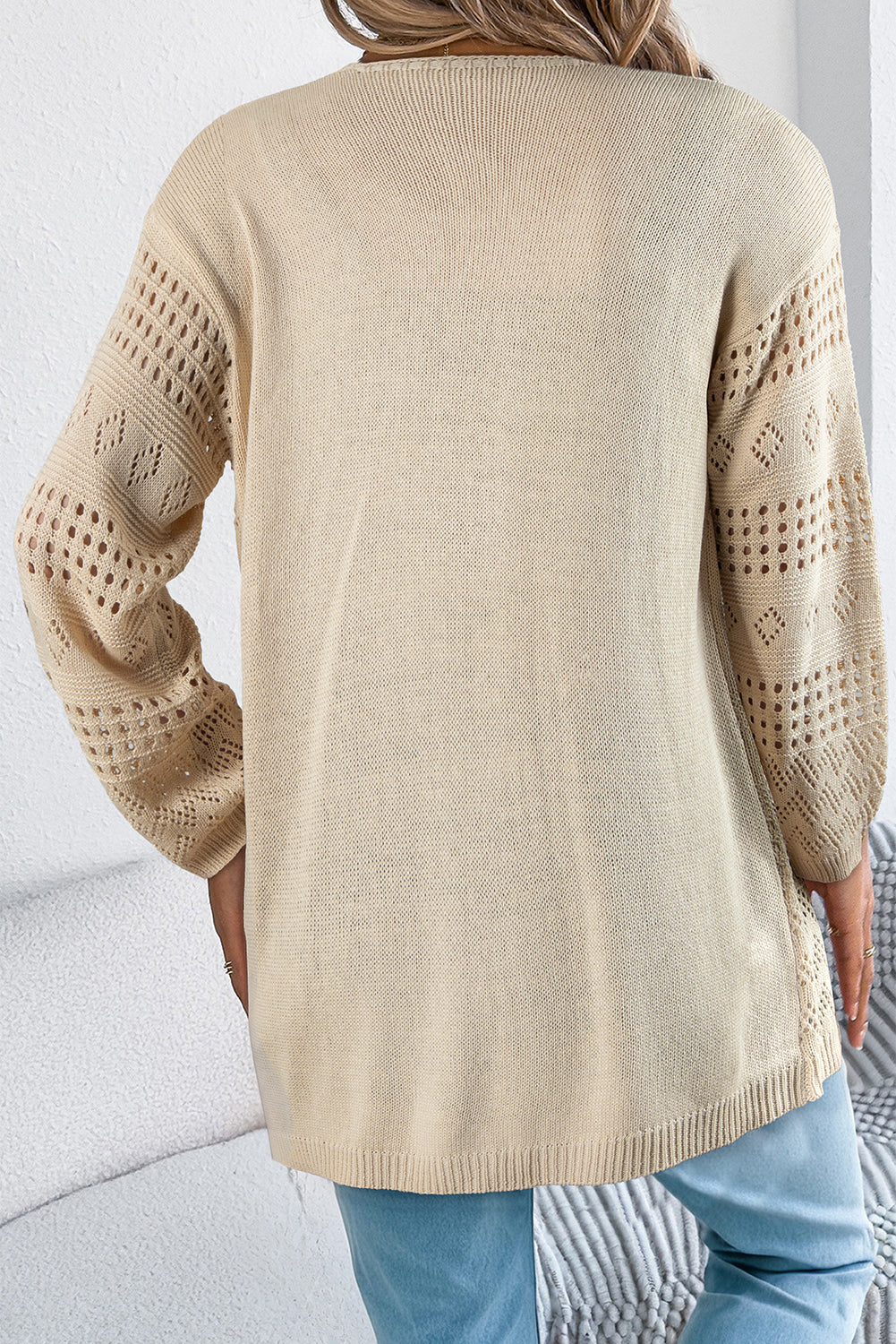 Smoke Gray Solid Color Hollowed Knit Open Front Cardigan Sweater