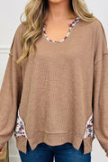 Light French Beige Floral Trim U Neck Long Sleeve Tunic Casual Pullover Top