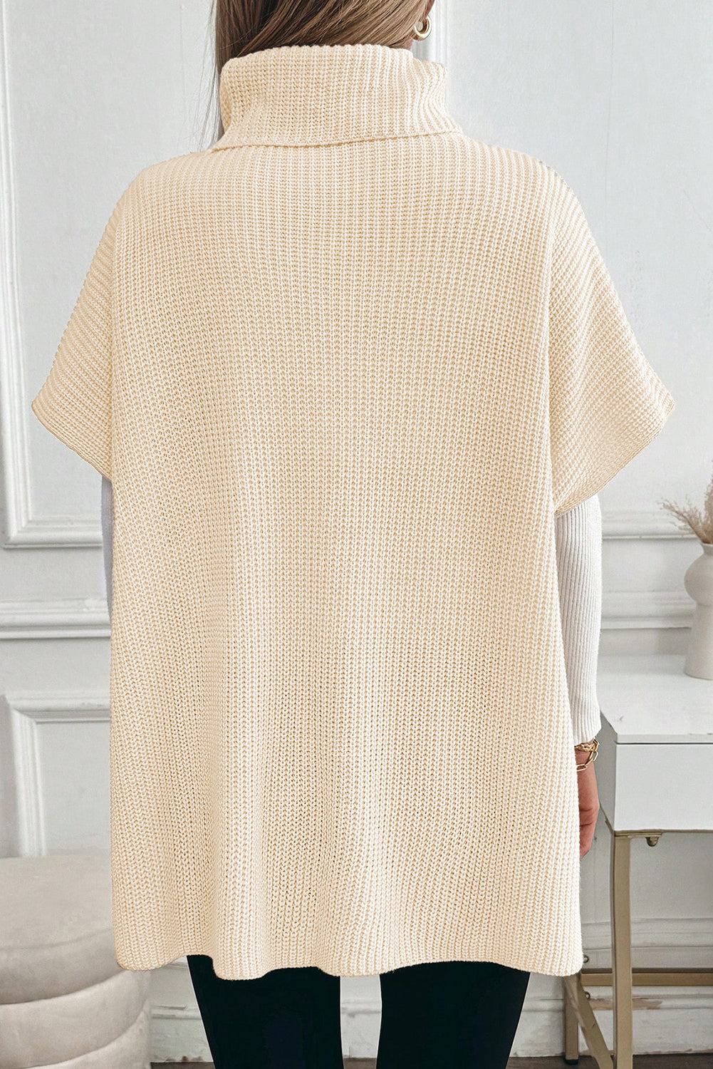 Jet Stream Plain Knit Casual Turtleneck Short Sleeve Tunic Sweater with Pockets