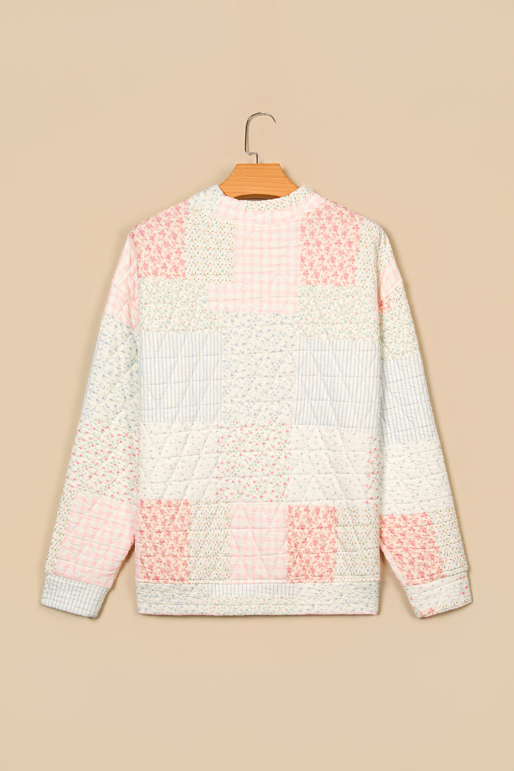 Multicolour Floral Patchwork Quilted Mock Neck Long Sleeve Top