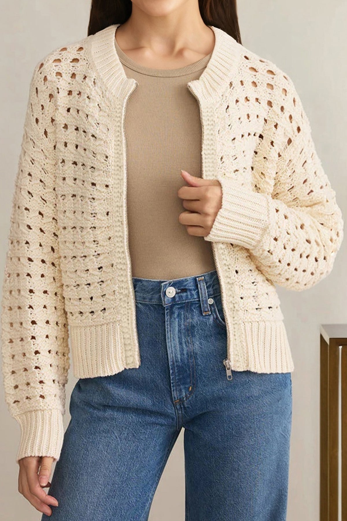 Beige Hollowed Pattern Knit Zip Up Drop Shoulder Sweater Cardigan