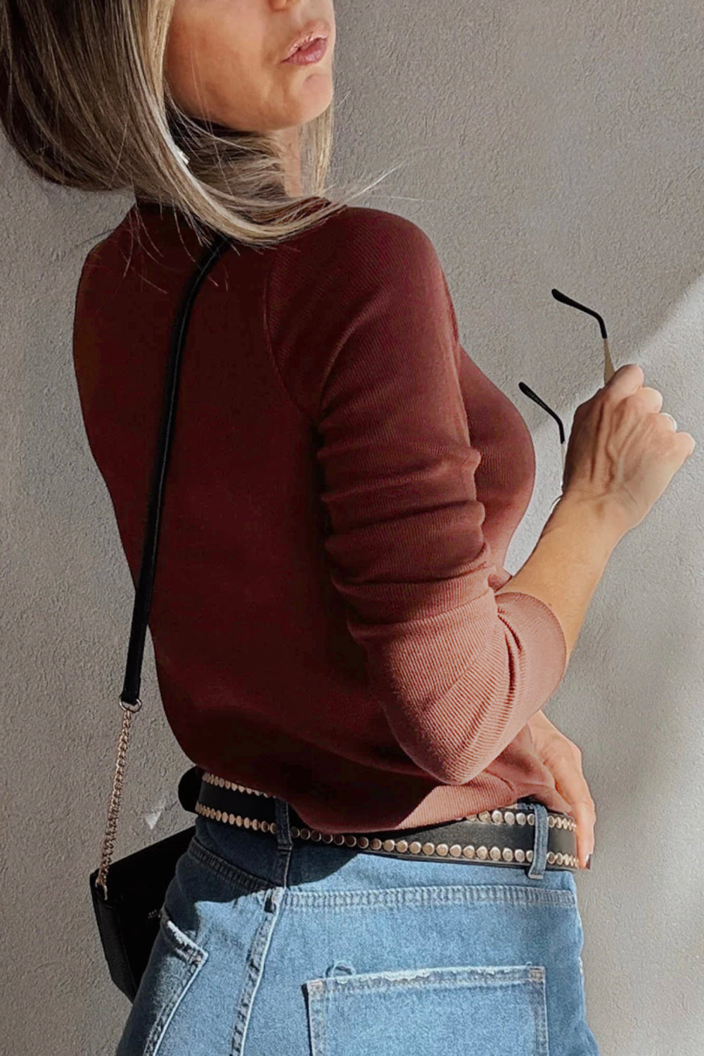 Old Rose Gathered Bust Square Neck Ribbed Fit Long Sleeve Top