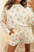 Beige Floral Print Long Sleeve Shift Top Pocketed Shorts 2pcs Set