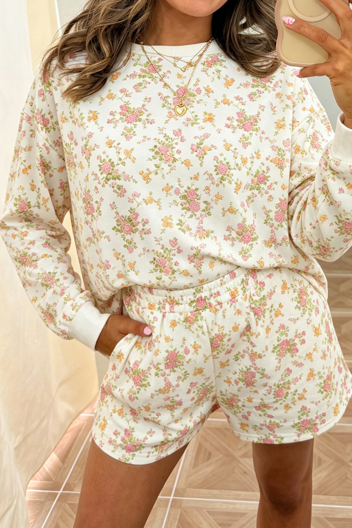 Beige Floral Print Long Sleeve Shift Top Pocketed Shorts 2pcs Set