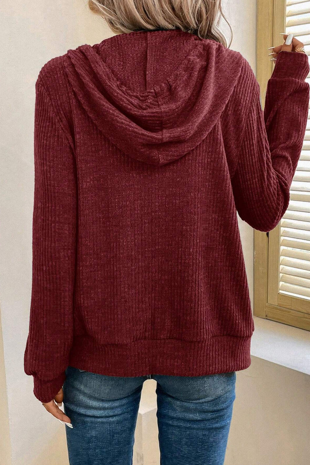 Dark Grey Ribbed Zip Up Front Drawstring Hoodie