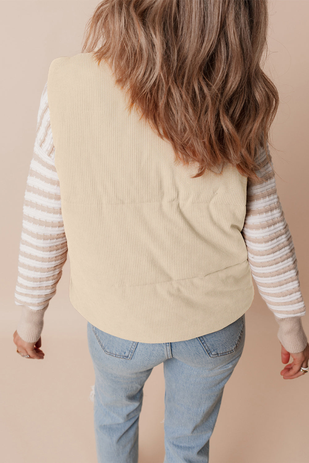 Coffee Corduroy Stand Neck Zipped Puffer Vest