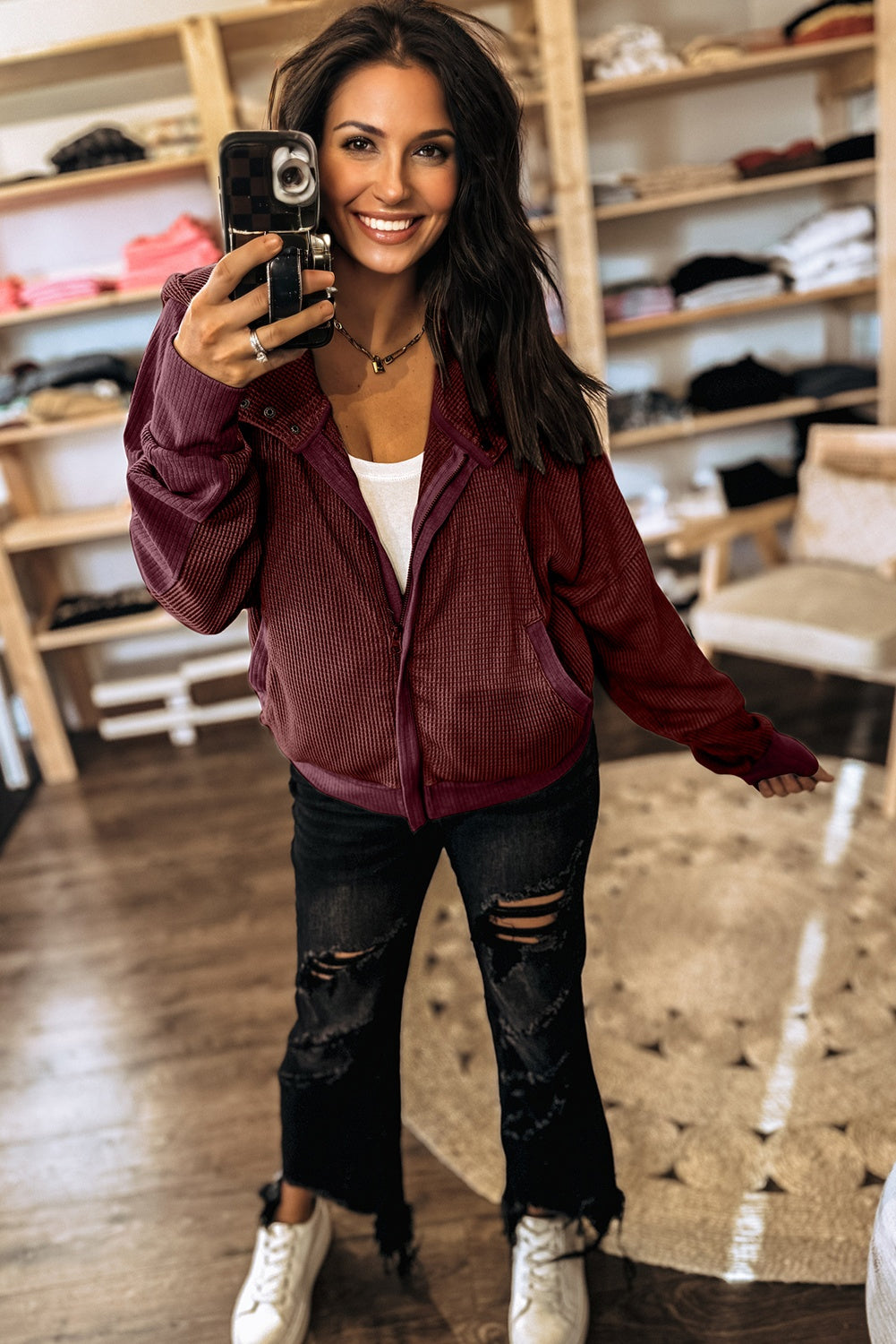 Burgundy Waffle Splicing Zip Up Front Button Hooded Jacket
